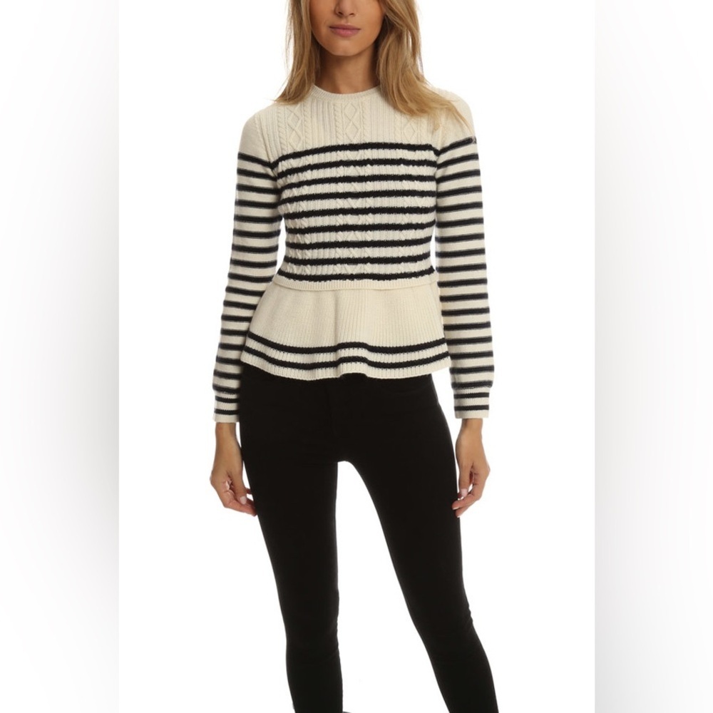 Talbots - Chic Sweater Cable Knit Nautical Coastal Striped Ivory Blue Peplum